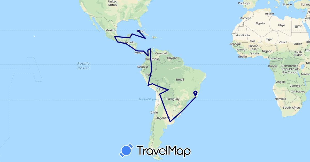 TravelMap itinerary: driving in Argentina, Bolivia, Brazil, Colombia, Costa Rica, Cuba, Guatemala, Jamaica, Mexico, Nicaragua, Panama, Peru (North America, South America)